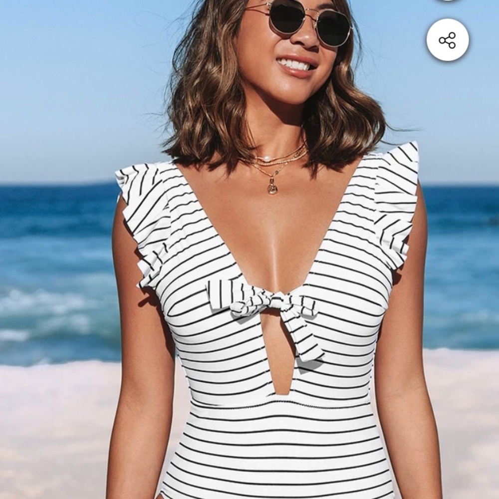 NWT White & Black Stripe Ruffle One Piece Swimsuit